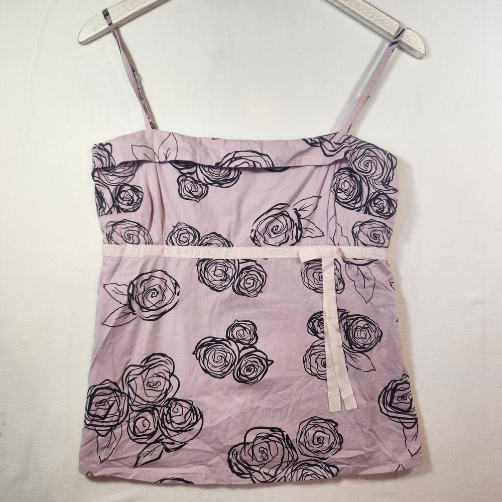 Vintage Lilac Purple Black Rose Floral Empire Waist Bow Camisole Top US 10‎